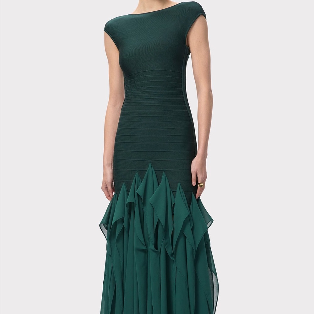 HERVE LEGER PARIS Dark Green Ruffled bandage dress real!!